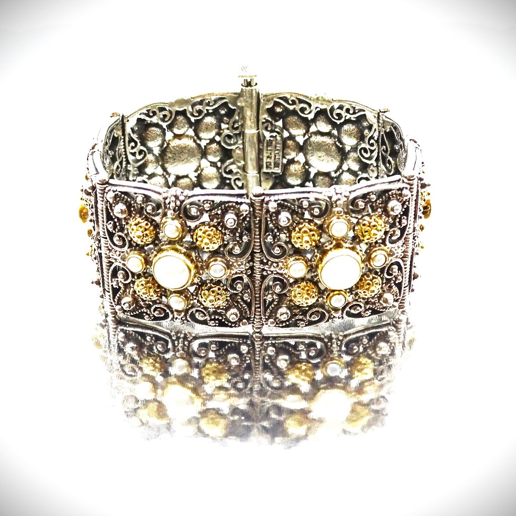 Konstantino Sterling Silver 18k Gold White Pearls Wide Bangle Bracelet 89 Grams